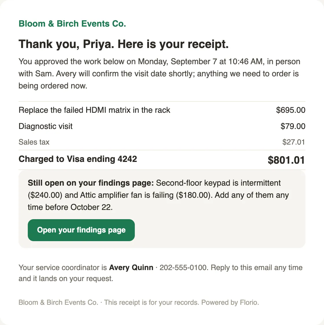 The receipt email