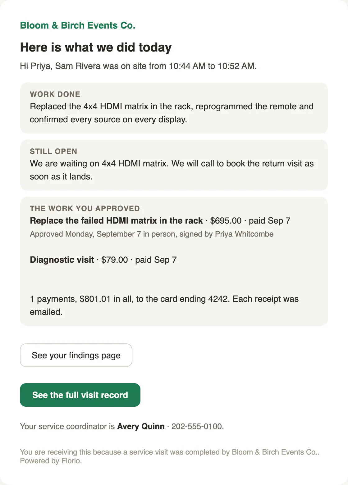 The after-visit summary with the work approved, the diagnostic visit, and the payment
