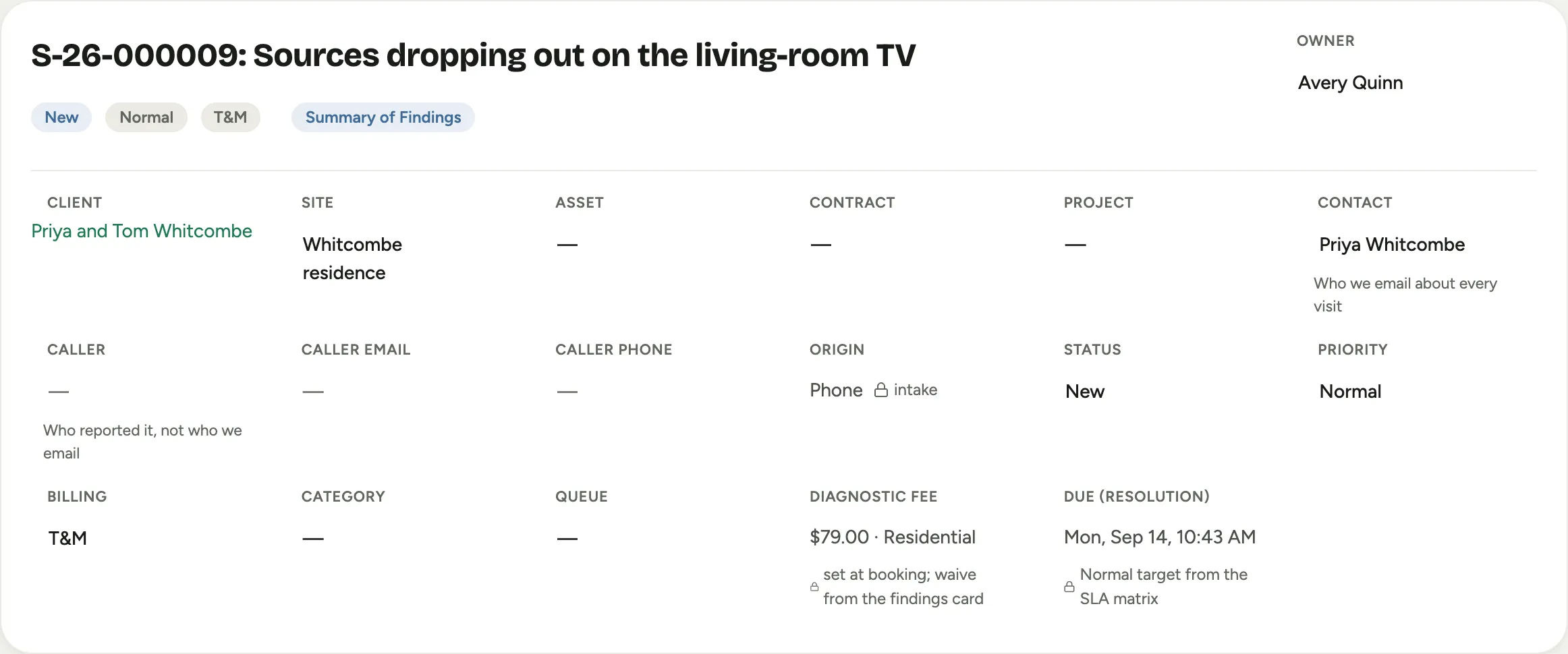 The call header: the Summary of Findings chip, and the Diagnostic fee fact set at booking