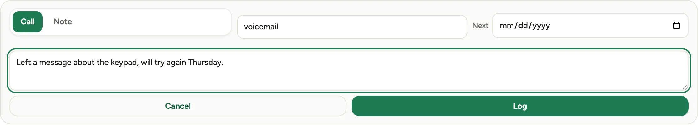 Logging a follow-up call: the outcome, the note, and the next date