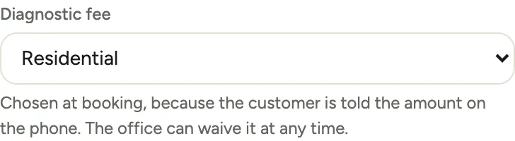 The Pricing select and the Diagnostic fee choice on the new call form