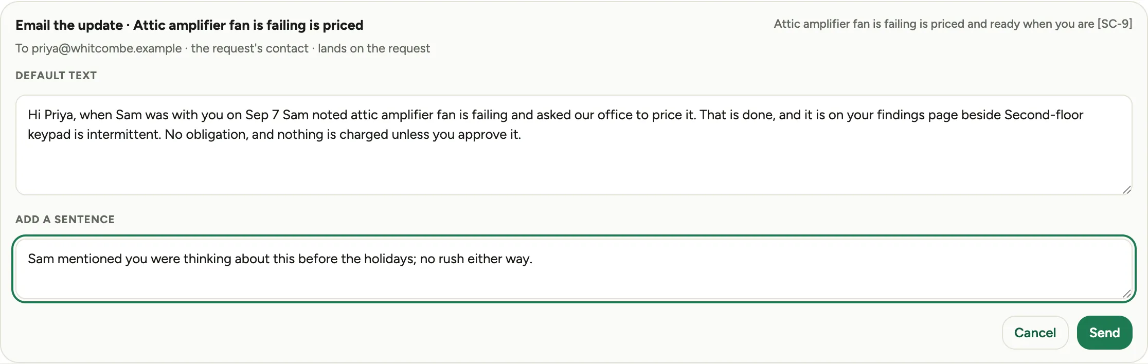 The priced update ready to send, with the default text and an added sentence