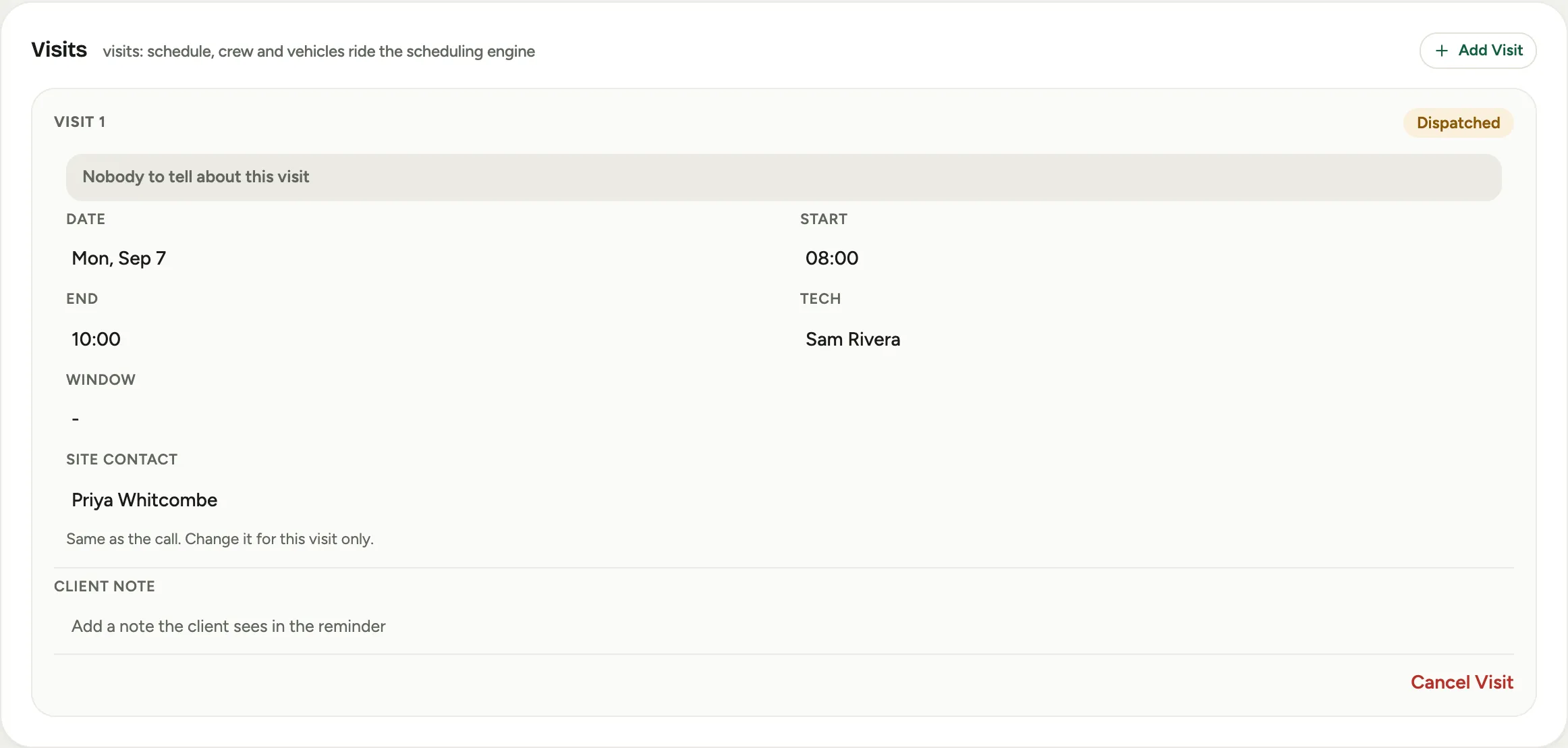 The Visits card with the released visit and the customer notified