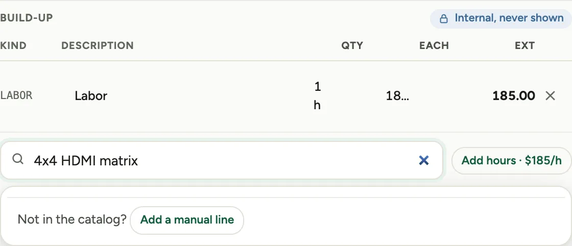 Searching the catalog from a finding, with the Add a manual line option for a part that is not listed