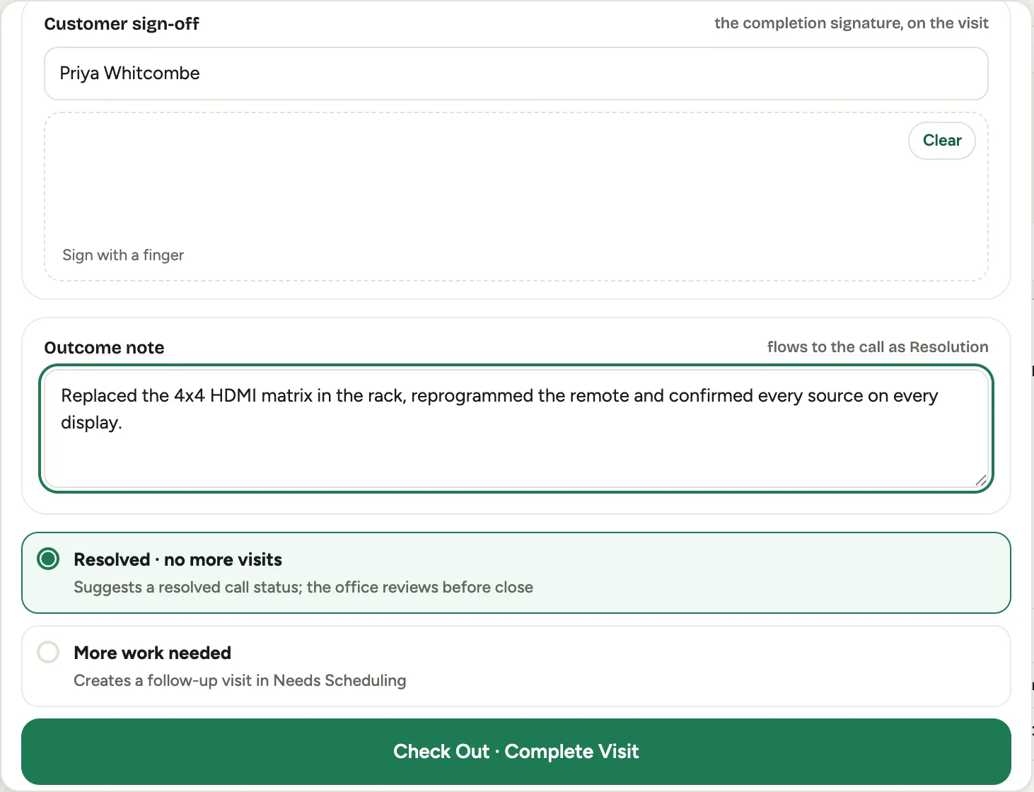 The debrief sheet with the customer sign-off panel