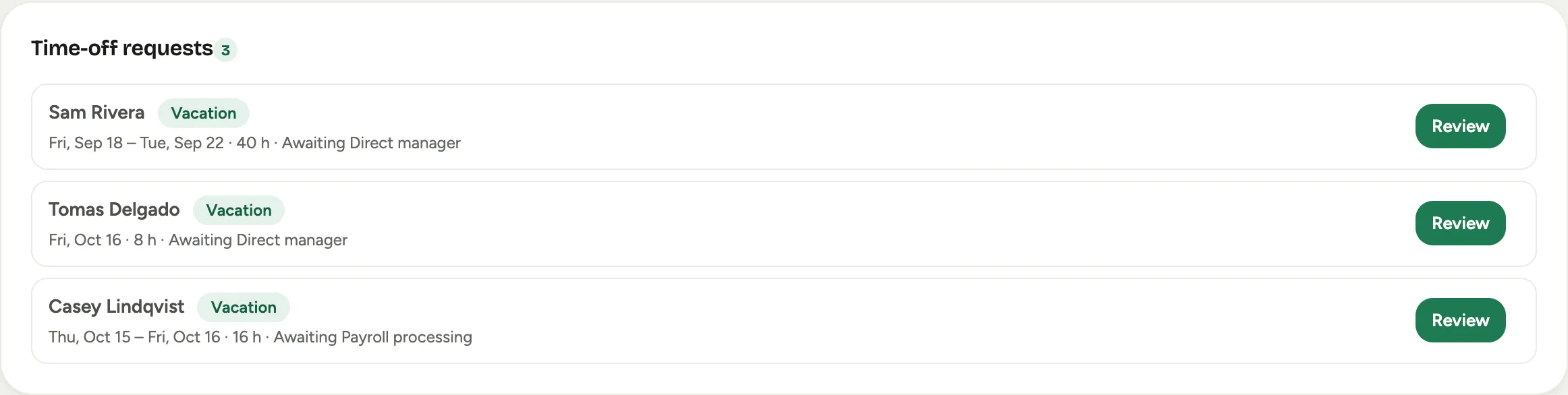 The Approvals hub time-off queue: three vacation requests, two awaiting the direct manager and one awaiting payroll processing, each with a Review button
