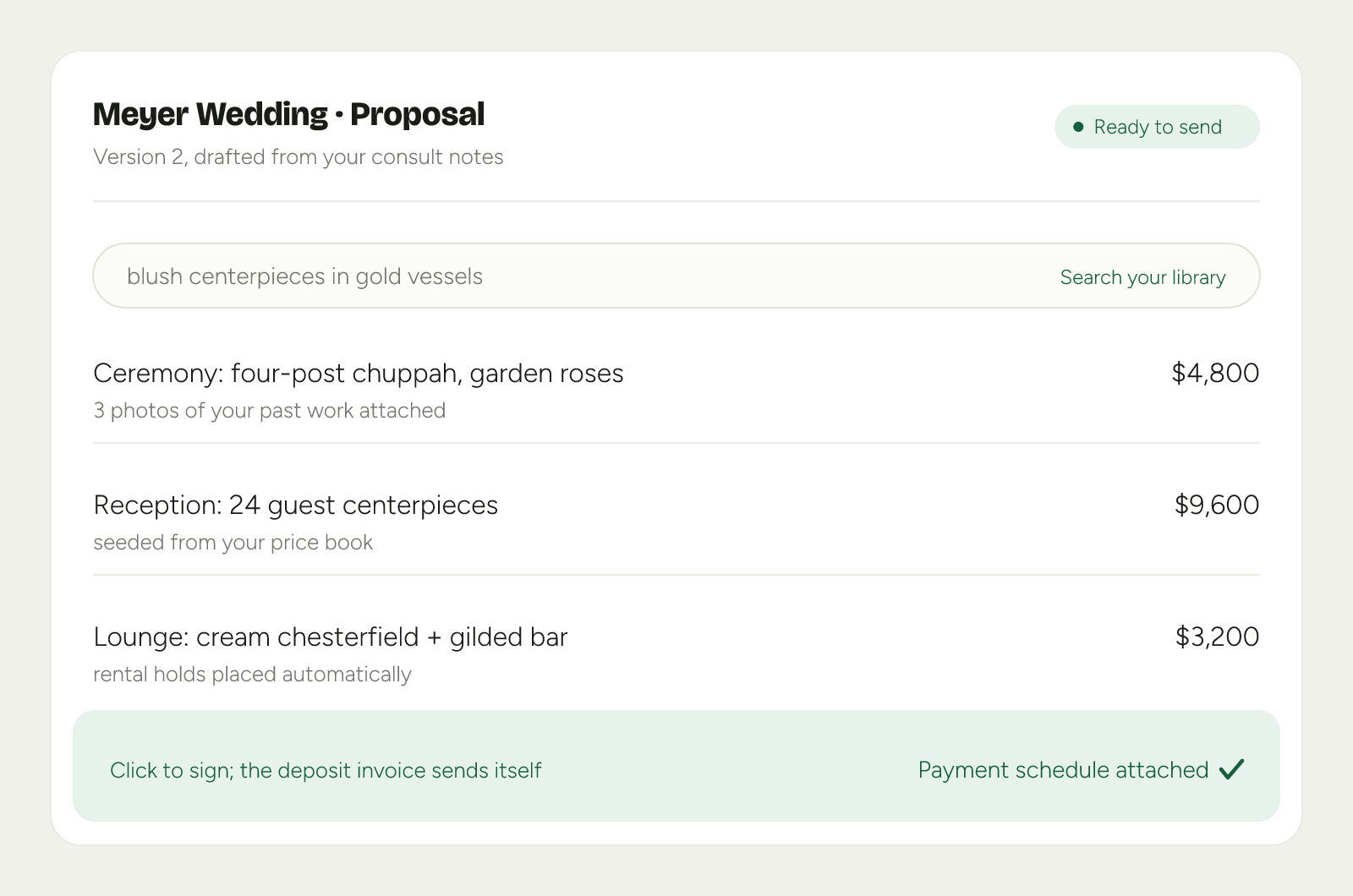 A proposal for the Meyer Wedding: a photo-library search, line items seeded from the price book with photos attached, and a footer showing click-to-sign with a payment schedule